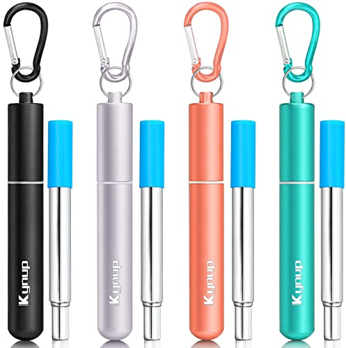 Lot de 4 Pailles Réutilisables, Kynup Acier Inoxydable Paille Telescopique, Paille Métal avec Etui, Comprend Porte-clés & Brosses de Nettoyage, Facile à Nettoyer & Transporter, Noir/Argent/Orange/Vert