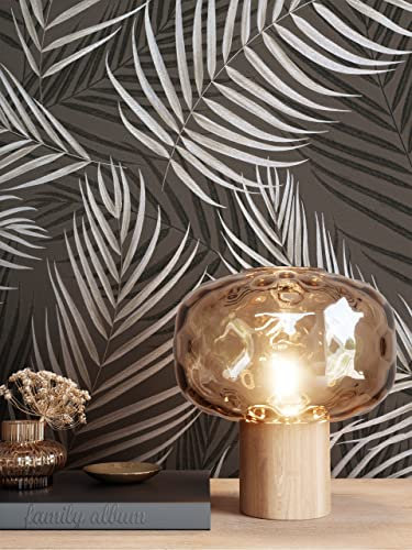 NEWROOM Papier peint Noir Palmiers Intissé - Tropical Anthracite Argent Feuilles Jungle Floral