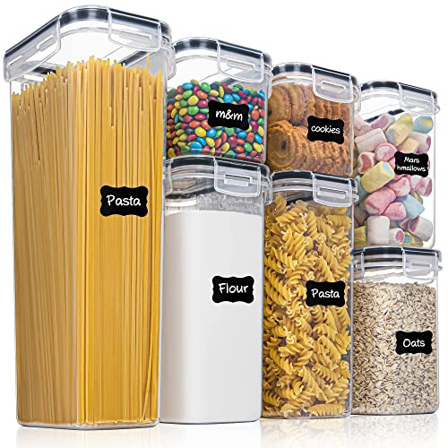 Airtight Food Storage Containers Set [7 Pc] - Kitchen Pantry Organization and Storage, Plastic Canisters with Durable Lids Ideal for Cereal, Flour & Sugar - Includes 10 Labels