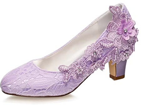 Emily Bridal Wedding Shoes Women's Silk Like Satin Chunky Heel Pumps with Stitching Lace Flower Crystal Pearl