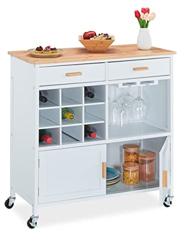 Relaxdays Küchenwagen, HxBxT: 88,5 x 86 x 41 cm, Arbeitsplatte, Weinregal, Gläserhalter, Küchenschrank mit Rollen, weiß