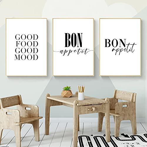 Minimalistisches Good Food Good Mood Bon Leinwand Gemälde Schwarz Weiß Wandkunst Poster Druck Bilder Küche Wohnkultur 15,7x 23,6(40x60cm)x3 Kein Rahmen