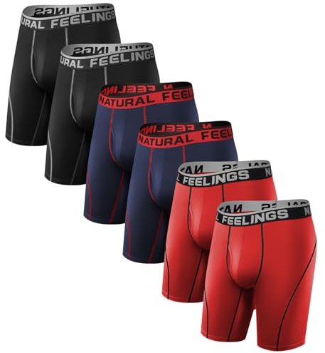 Natural Feelings Sport Boxershorts Herren Unterwäsche Herren Unterhosen mit Eingriff 9in Polyester Boxershorts Lang 6er Pack-Rot/Blau/Schwarz L