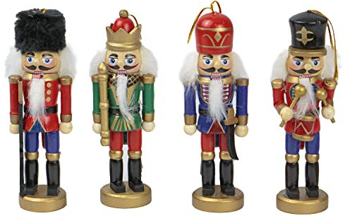 TIENDA EURASIA - Pack de Muñecos Cascanueces Navidad, Soldaditos de Madera, Decoracion Navidad, Todos los Soldados Cascanueces Poseen Accionador de Boca, Muñecos Arbol Navidad (Pack de 4)