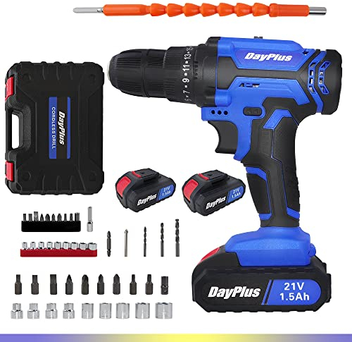 21V Akkuschrauber mit Akkus 1,5Ah, 2 Geschwindigkeiten Akku-Bohrmaschine Mini Akkuschrauber Akkubohrer MAX 45Nm Drehmoment 25+1, Akku Bohrmaschine 26Pcs Zubehoer Set, 10mm Bohrfutter, LED-Licht Blau