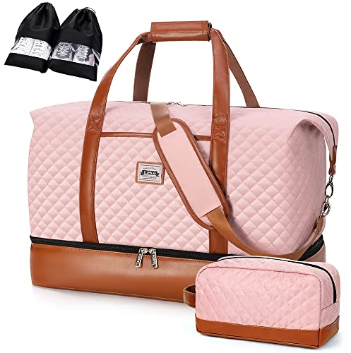 Lekespring Reisetasche Damen, Reisetasche Handgepäck Sporttasche Weekender Tasche Für Flugzeug, Kliniktasche Geburt, Duffle Bag mit Kulturbeutel und 2 Schuhsäcken, 50L, Rosa
