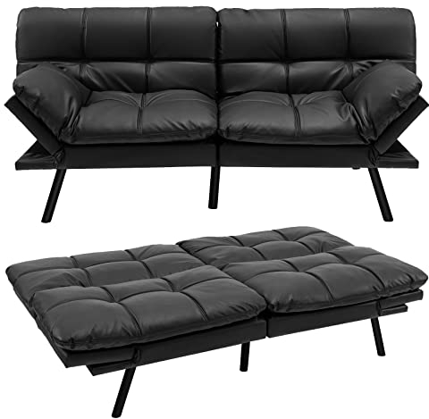 COSTWAY 2/3 Seater Convertible Sofa Bed, Click Clack Sleeper Couch with Reclining Backrest, Adjustable Armrests & 6 Metal Legs, Padded Loveseat for Living Room and Bedroom (PU Leather, Black)