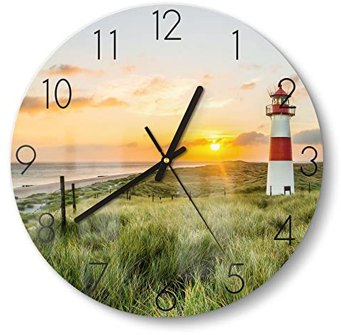 DEQORI Glasuhr | rund Ø 30 cm | Motiv Leuchtturmliebe | ausgefallene leise Design Uhr aus Glas | Wanduhr für Wohnzimmer & Küche | moderne Hingucker Uhr für die Wand