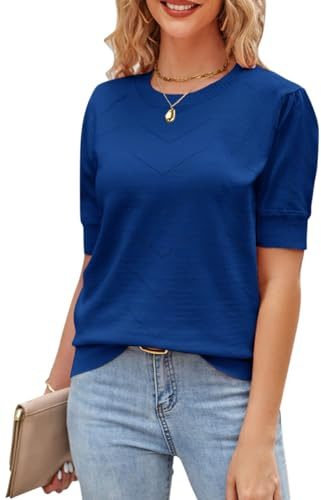 Newshows Short Sleeve Jumpers for Women UK Ladies Knitted Crew Neck Pullover Sweater Tops(Blue, M)