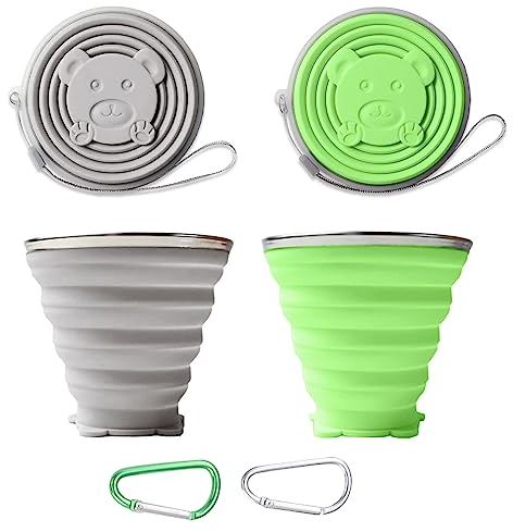 RZMZBY 2 Pezzi Tazza da Viaggio Pieghevole,Bicchiere Pieghevole in Silicone,Tazza d'Acqua Pieghevole per Outdoor, Campeggio, Escursionismo, Famiglia(320ml) (Grigio, verde)