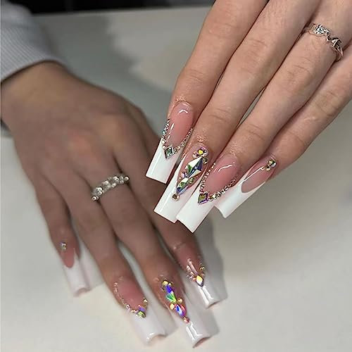 Long French Tip Press on Nails 24 PCS Glossy Coffin False Nails Rhinestones Fake Nails Ballerina False Nails Full Cover Stick on Nails for Women & Girls Party Decoration