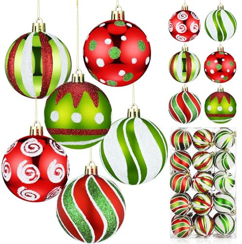 Leyndo Weihnachtskugel-Ornamente, 6,1 cm, glitzernde, rot-grüne Kugel-Ornamente, Elfenkugeln, Wirbel, Zuckerstange und Pfefferminze, hängende Kugel-Dekoration für Weihnachtsbaum, Party-Dekoration