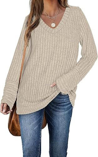 DUOEASE Damen Pullover Langarm Leichter Oberteile V-Ausschnitt Damen Herbst Elegant Sweater(Apricot,S)