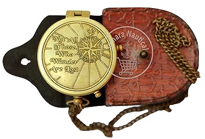 Samara Nautical Kompass mit Gravur Not All Those Who Wander are Lost, Messing, mit Lederetui, Schulabschluss, Taufe, Kommunion, Konfirmation, Motivationstag, LOTR J.R.R. Tolkien