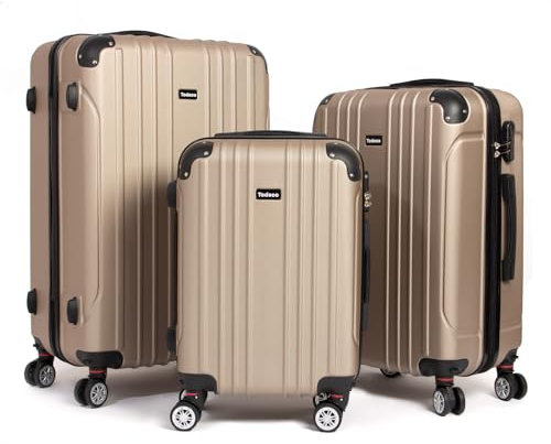 Todeco Set de 3 Valises de Voyage Rigide (55/68/78cm), Rigide e Légère ABS Valise de Voyage à roulettes Valises, 4 Doubles Roues, Champagne