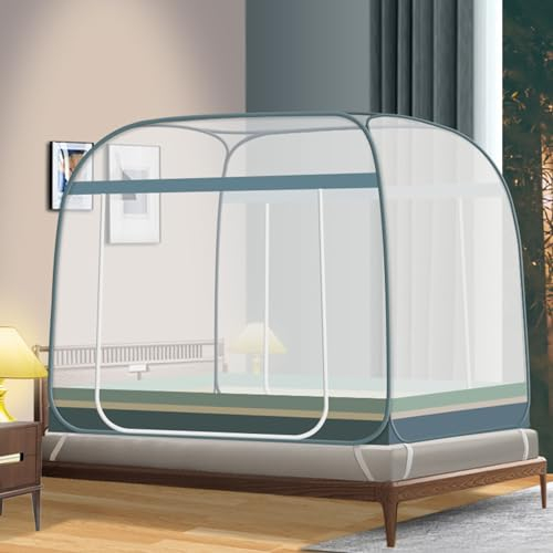 HAZARA Tragbares Moskitonetz für Bett und Reisen, Pop Up Insektenschutz mit Unterseite für Erwachsenenbett, Faltbares Doppelte Tür Baldachin,Blue1,200x215x160cm