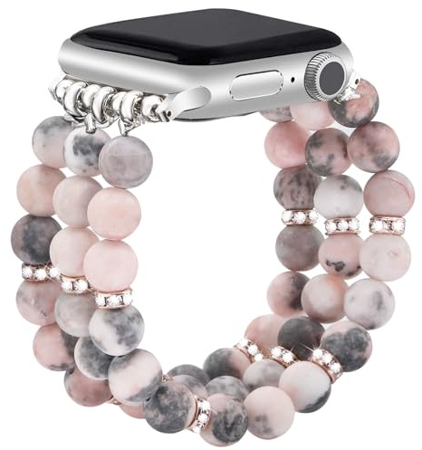 JR.DM Naturstein Armband Kompatibel mit Apple Watch Armband 38mm 40mm 41mm 42mm 44mm 45mm 46mm Elegant Komfortabler Handgefertigter Elastischer iWatch Uhrband für Series 10/9/8/7/SE/6/5/4/3/2/1 Damen