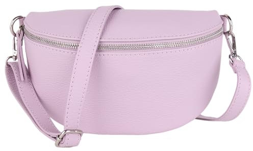 MIRROSI® Bauchtasche Damen, Made in Italy, Echtleder Umhängetasche Echtes Leder, Brusttasche, Crossbody Bag aus Echtem Leder, in 3 Größen erhältlich (Flieder Silberner Reißverschluss) (Gr.L)