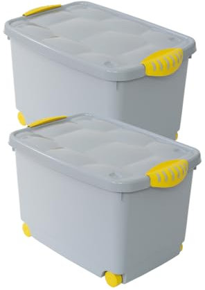 MAURY'S Set 2 Contenitori Multiuso Con Ruote e Coperchio Grigio Uniforme 55 Lt. 60L x 40P x 36H cm Attrezzi, Utensili, e Altre Attrezzature da Garage. (Set 2 con Ruote Grigio (60x40x36 cm))