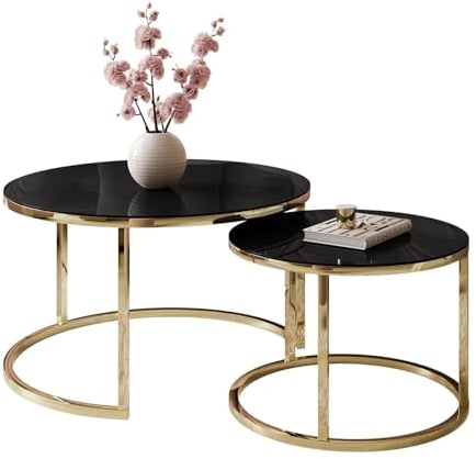 lukmebel Couchtisch rund 2er Set - CIRI Glass 2in1 - Beistelltisch rund - Kaffetisch - Industrial Deko - Deko Wohnzimmer - Kleiner Beistelltisch - Sofatisch - Kleiner Tisch - schwarzes Glass