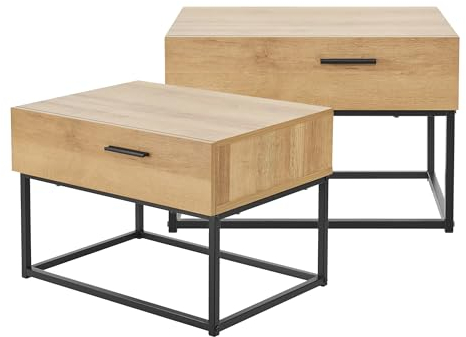 [en.casa] Set mit 2 Nachttischen mit Schublade, niedriger Couchtisch, 39 x 55 x 40 cm, Möbel mit Fuß aus Metall – Schwarz/Eicheneffekt
