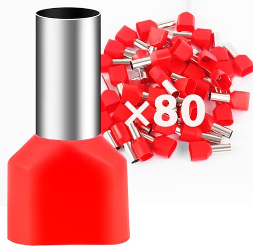 80Stk Twin Aderendhülsen 10mm² Lang 14mm Aderendhülse Teillisoliert PVC Kabelhülsen aus Kupfer verzinnt (2x10,0mm²)