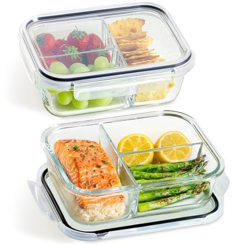 Praknu Meal Prep Cristal con 3 Compartimentos - 2 Tuppers Cristal Hermeticos de 1L - Fiambrera Compartimentos - Para Congelar, Microondas, Horno