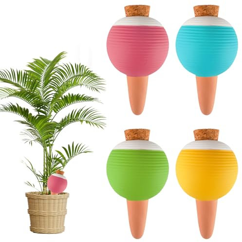 Distributeur Eau Plante 4 pcs Globe D'Arrosage Pour Plantes avec 4 Bouchons, Boules D'Irrigation pour Plantes Pointes Auto-Arrosantes en Terre Cuite, Maintient L'Humidité Du Sol Pendant 3 à 7 Jours