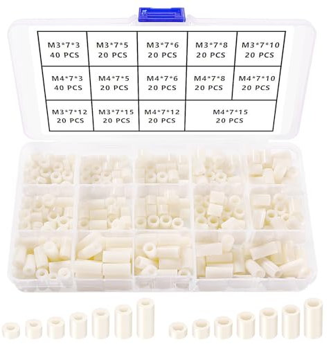 YIXISI 320 Stücke Kunststoff Rund Abstandshalter Kit, für M3 / M4 Schrauben, Distanzscheiben Ohne Gewinde Säulen, OD 7mm, Weiß