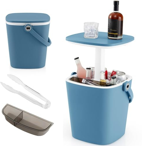 TANGZON 3kg Portable Ice Bucket Table with Handle, 15L 3-in-1 Side Table Beer Cooler, Outdoor Patio Furniture (Blue)