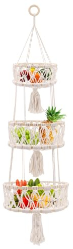 yuuzue 3 Etagen Blumenampel, Makramee Blumenampel für Obst und Gemüse Lagerung, Baumwollseil Gewebte Körbe für Küche, Dekorative Boho Decor Hängende Pflanzenhalter