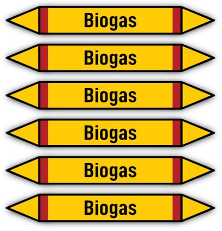 Aufkleber: 200x30 mm, 6 Stück - Gruppe 4 - Brennbare Gase - Rohrleitungskennzeichnung - nach DIN 2403 - Sprache: deutsch - Biogas