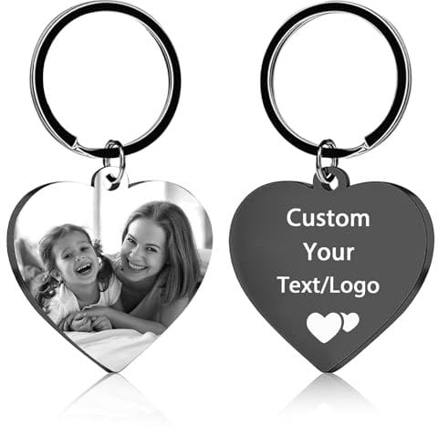 Overket Personalised Photo Keyring, Custom Picture Keychain for Lovers (Engraving - Heart)