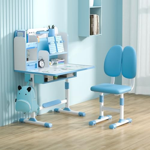 Juebueix Kinder-Schreibtisch-Stuhl-Set, höhenverstellbares Kinder-Schreibtisch-Stuhl-Set mit Sitzkorrektur, Kinder-Schreibtisch- und Stuhl-Set, ergonomischer Schreibtischstuhl mit Bücherregal Blau