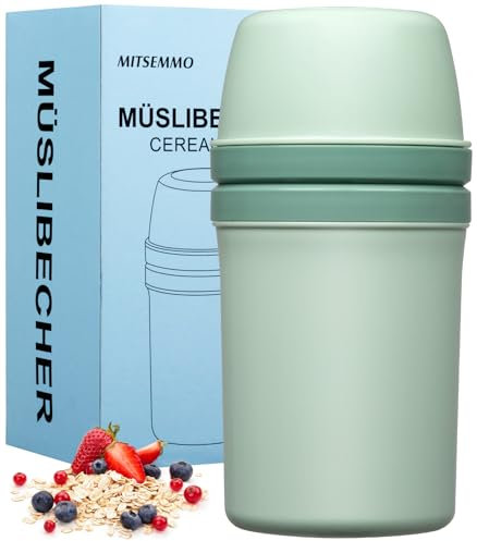 Müslibecher to Go 600ml+270ml,Joghurtbecher to Go Kinder mit Löffel,Müsli Cup to Go Becher,Cornflakes to Go,Müslibecher Müslidose Müslischale Frühstücksdose Müslibox,Joghurt Box to Go (Grün)