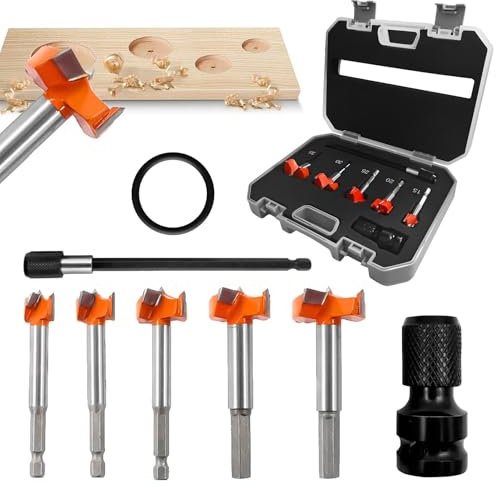 wonderforday Forstnerbohrer Set 7-teilig im Koffer, 15 bis 35 mm Forstnerbohrer für Holz, Mit Stecknuss Adapter und 150mm Verlängerungsstange, Zubehör Bohrmaschine für feine Holzbearbeitung