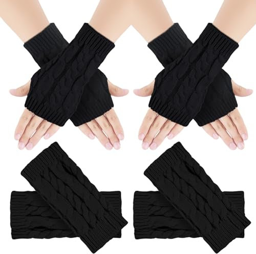 Kieswan 2 Paar Fingerlose Handschuhe Damen und Herren, Dehnbar Armstulpen Unisex Pulswärmer, Winter Strick Handstulpen ohne Fingerkuppen Dünne Handschuhe Schwarz
