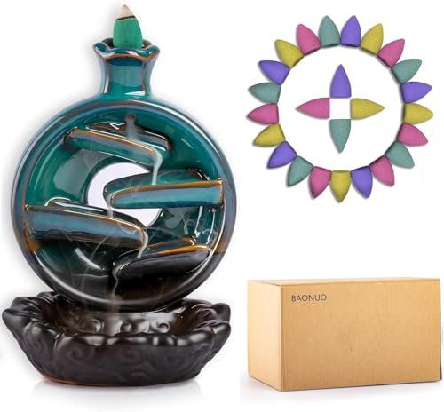 BAONUO Quemadores de Incienso de reflujo, Cascada Incienso de cerámica, con 100 Conos de Incienso de reflujo + 30 Varillas de Incienso, Incense Holder para decoración del hogar (Verde)