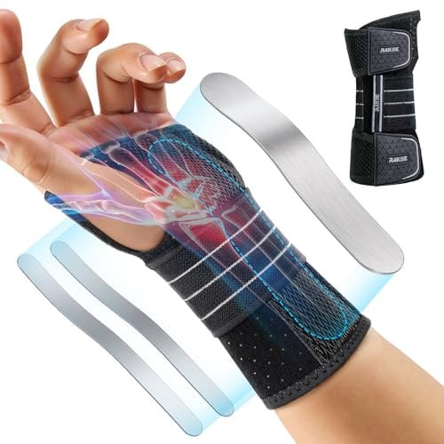 Rakiie Handgelenkstütze, Verstellbare handgelenk bandagen mit 3 Metallschienen, handgelenkbandage für Männer und Frauen, kein Druck auf den Daumen, Schienenstabilisator, Grau, Linke Hand, M