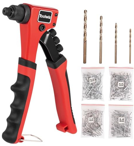 Toolwiz Pistola remachadora con una sola mano con 200 remaches, 4 cabezales intercambiables sin herramientas y 4 brocas, remachadora manual de alto rendimiento para metal, madera, plástico, cuero