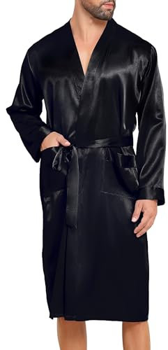 Lovasy Mens Silk Dressing Gown Summer Satin Robe for men Lightweight Kimono Dressing Gown Long Sleeve Bathrobe with Belt and Pockets Night Robes for Wedding Party,Black,S