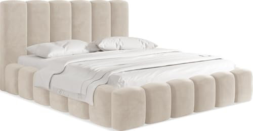 WFL GROUP Polsterbett 120x200 mit Bettkasten und Lattenrost – Weiß Bett mit hohem Kopfteil, Boucle oder Samt Stoff - Modernes Doppelbett mit Stauraum – Bettgestell, ohne Matratze – Serenity - Weiß