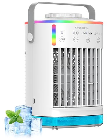 Portable Air Conditioner,4-in-1 Mini Cooling Fan,Mobile Air Cooler Fan with 4 Speeds & Cool Mist,Timed function Modes,7 Color Night Light,Evaporative Air Cooler suitable for Bedrooms,Offices