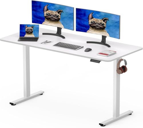 SANODESK Elektrisch Höhenverstellbarer Schreibtisch 160 x 80 cm mit EINTEILIGER TISCHPLATTE, höhenverstellbar mit 4 Memory-Voreinstellungen, intelligentes Panel und Haken (Weiß)