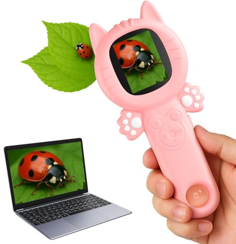 Microscope PHNIXGAM pour Enfants, Mini Microscope Portable pour Tout-Petits, kit de Sciences éducatives, Cadeaux de Noël et d'anniversaire, Jouets numériques pour Filles de 3 Ans et Plus (Chat Rose)
