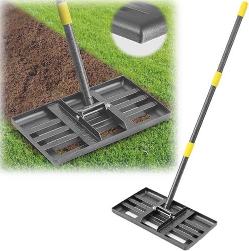 Lawn Leveling Rake, Heavy Duty 17x10 Curved Ground Plate, 58 Long Handle Lawn Leveler Tool Landscape Rake for Compost Soil Dirt Sand Grass Peat Moss