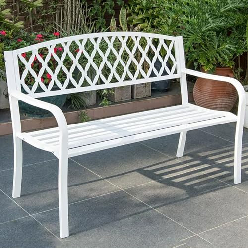 Metall-Gartenbank für den Außenbereich, wetterfeste Gartenbank aus Stahl für 2 Personen, 50 Zoll, mit Lattensitz und bequemer Rückenlehne (weiß)
