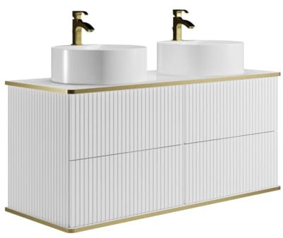 Vente-unique - Meuble de Salle de Bain Suspendu strié liseré doré avec Double Vasque à Poser Ronde - Blanc - 120 cm - KELIZA
