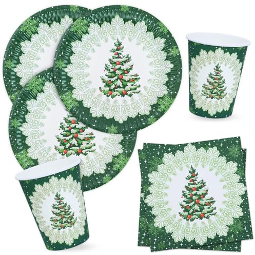BFB Christmas Party Plates Napkins Cups Set Green Xmas Tree Disposable Paper Plates for 16 Person