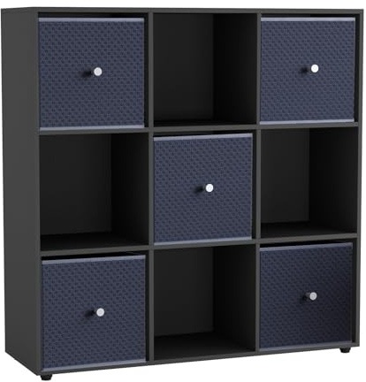 URBNLIVING 9 Cube Storage Unit with 5 Foldable Fabric Drawers, Wooden Freestanding Bookcase Shelf Organiser, Modern Cube Shelving for Bedroom, Office, Living Room, Toys, Clothes & Books